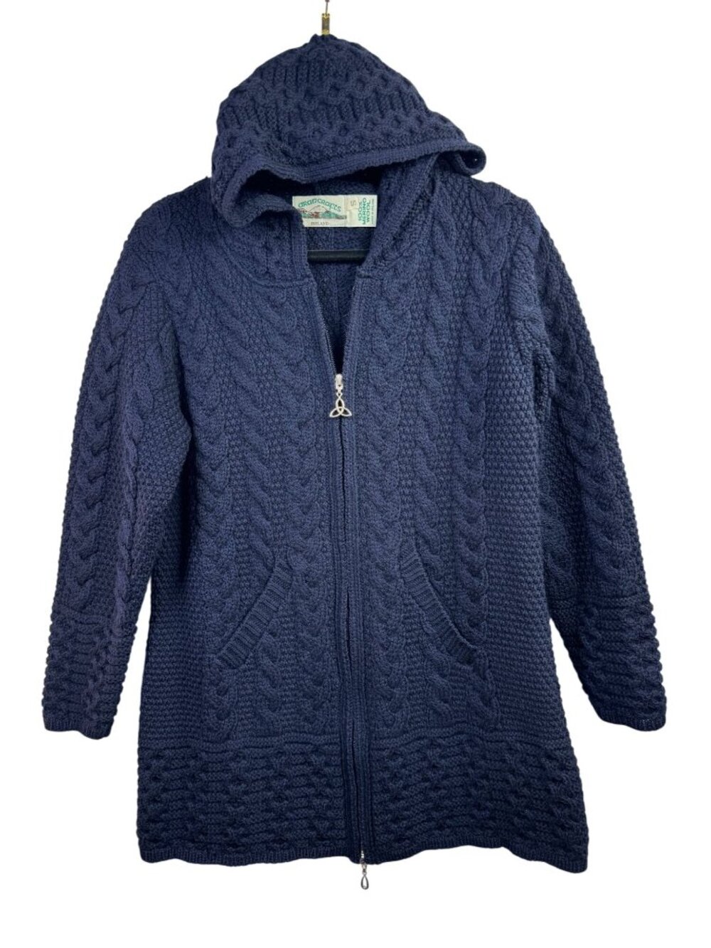 Aran Crafts Ireland Navy Blue Cable Knit Hooded Cardigan 100% Merino Wool Small